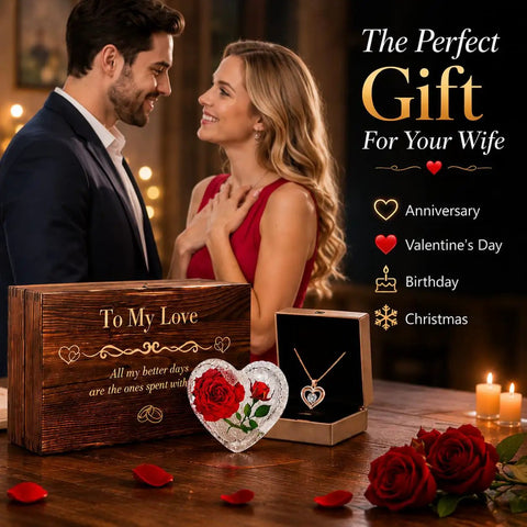 Romantic Gift Set For Wife With Crystal Preserved Rose And Heart Necklace Engraved I Love You Forever In A Laser Engraved Wooden Keepsake Box For Anniversary Or Birthday Elegant Gift Box Set From Hubby To Surprise Her And Create Lasting Memories