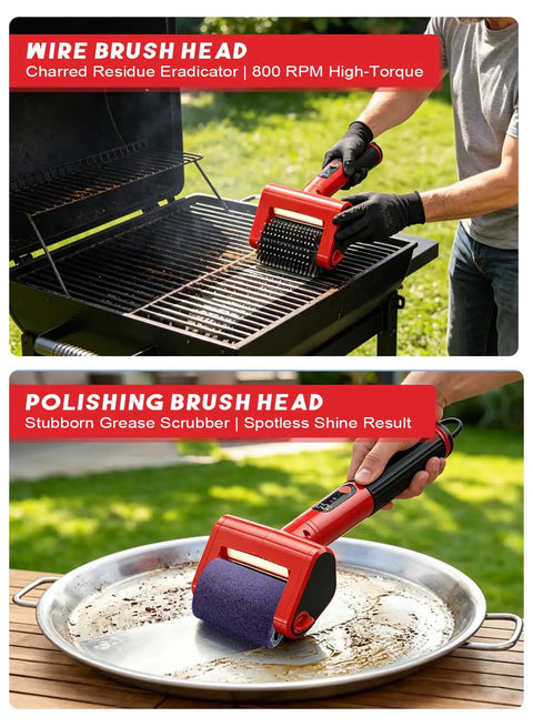 Person cleaning BBQ grill with Beast 800 RPM Cordless Grill Scrubber With LED Light Dual Speed High Power BBQ Cleaning Tool 4000mAh Battery Non Shedding Brush Plus Two Scouring Pads For Gas And Charcoal Grates.