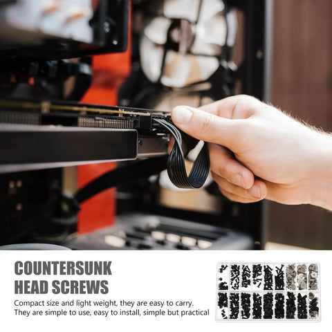 Rock Solid 360Pcs Rust Proof Flat Head And Countersunk Computer Screws M2 M2.5 M3 installed in a PC for tech repair.