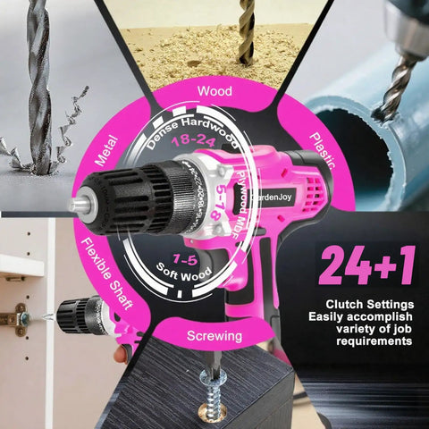 20V Cordless Drill Kit With 2 Batteries, Charger, 3/8 Inch Keyless Chuck, 24 Plus 1 Torque Settings, 2 Speed, LED Work Light, Powerful Heavy Duty DIY Driver for wood, metal, and plastic shown in use.
