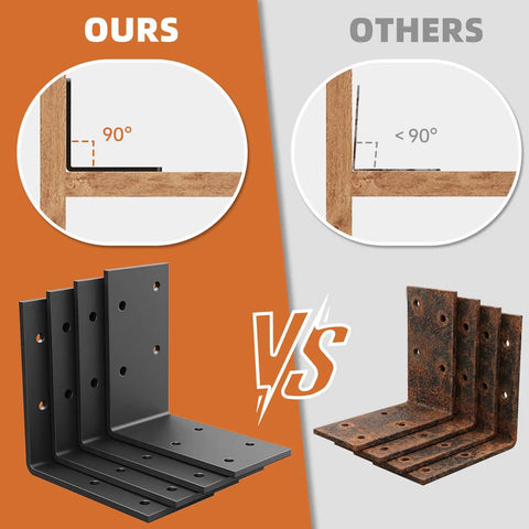 Comparison of Shop Grade Tough As Nails Steel Angle Bracket 3 By 3 By 1.5 Inch versus rusty brackets, showcasing 90-degree support.