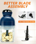 Brigii One Touch Electric Garlic Mincer And Onion Chopper 17oz Mini Food Processor With 304 Stainless Steel S Shaped Blades showing blade assembly.