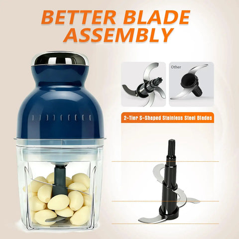 Brigii One Touch Electric Garlic Mincer And Onion Chopper 17oz Mini Food Processor With 304 Stainless Steel S Shaped Blades showing blade assembly.