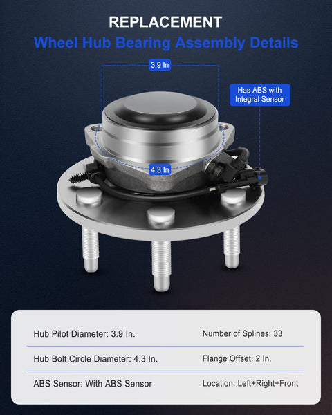 Front Wheel Hub Bearing Assembly 515054 With ABS 6 Lug 2WD, showing dimensions and ABS sensor integration details.
