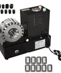 Portable Workhorse 110V Hydraulic Hose Crimper with 9 Dies and Limit Switch shown with accessories, for AC and farm equipment use.