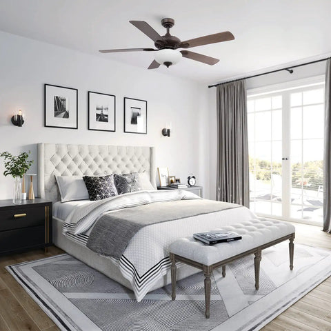 52 Inch Indoor Ceiling Fan With Light And Remote Control, Farmhouse Style in Bedroom with Oil Rubbed Bronze Finish and Opal Glass Light