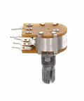 Side view of 5-pin Ten Pack Horizontal Single Turn Potentiometer With Switch 100K Ohm B100K 15mm knurled shaft for PCB controls and audio gear.