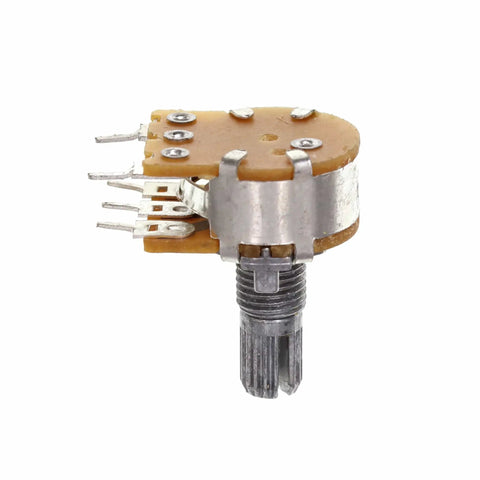Side view of 5-pin Ten Pack Horizontal Single Turn Potentiometer With Switch 100K Ohm B100K 15mm knurled shaft for PCB controls and audio gear.