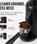 Pro Grade Stainless Steel Coffee Grinder Featuring 80mm Flat Burrs Stepless Dial Control And 70g Bean Hopper pouring grounds into a portafilter.