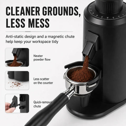 Elite Coffee Grinder With Eighty Millimeter Stainless Steel Flat Burrs For Smooth Espresso Pulls And Fresh Crush Reliability Variable Speed Motor Ultra Calibrated Stepless Control And A Solid Seventy Gram Hopper For Daily Coffee Sessions, showcasing neat coffee grounds flow in black grinder and portafilter.
