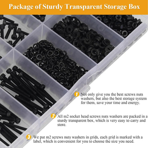 565 Piece M2 Hex Socket Head Cap Screws Nuts Washers Set Black fully threaded organized in storage box compartments