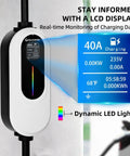 Plug And Play Level 2 EV Charger 40 Amp 240 Volt With WiFi App Control monitoring display showing charging data and LED lights.