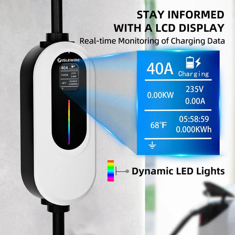 Plug And Play Level 2 EV Charger 40 Amp 240 Volt With WiFi App Control monitoring display showing charging data and LED lights.