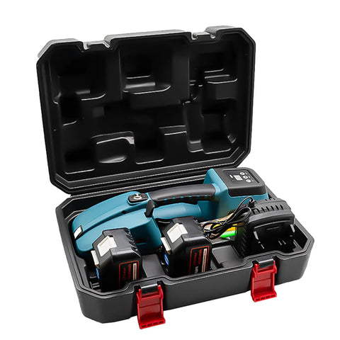 Heavy Duty Electric Strapping Gun With Digital Readout And Dual 4000mAh Batteries in a portable case with charger.