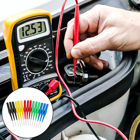 15 Piece Back Probe Pin Set for Multimeters and Car Testers, Wire Piercing Insulation Probes shown being used on car battery