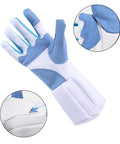 Right Hand Practice Fencing Glove With Anti Slip Leather Palm For Epee Foil And Sabre Bout Practice Extended Cuff Wrist Protection XL Palm Width 9.74 Inches Durable Grippy Training Glove, full glove view with focus on blue anti-slip palm and extended cuff.