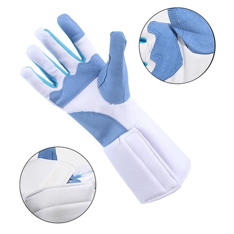 Right Hand Practice Fencing Glove With Anti Slip Leather Palm For Epee Foil And Sabre Bout Practice Extended Cuff Wrist Protection XL Palm Width 9.74 Inches Durable Grippy Training Glove, full glove view with focus on blue anti-slip palm and extended cuff.