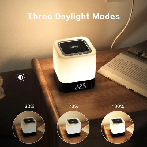All In One Night Light Bedside Lamp With Bluetooth Speaker Digital Alarm Clock showing three daylight modes on a table
