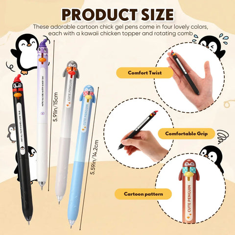 16 Penguin Pens With 0.5mm Retractable Tips, Totally Cute Cartoon Kawaii 3D Penguin Topper, multiple pens with chick toppers