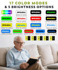 Elderly man reading with 5 Inch Portable Digital Magnifier With 4X To 32X Zoom And Foldable Handle For Quick Reading On The Go A Low Vision Aid For Seniors And Kids Great For Short Reads Not Ideal For Long Books Or Novels, showing color modes and brightness options.