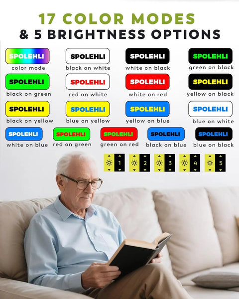 Elderly man reading with 5 Inch Portable Digital Magnifier With 4X To 32X Zoom And Foldable Handle For Quick Reading On The Go A Low Vision Aid For Seniors And Kids Great For Short Reads Not Ideal For Long Books Or Novels, showing color modes and brightness options.