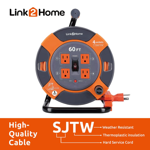 60 Ft Cord Reel With Four Outlets 14 AWG SJTW Cable Workhorse Heavy Duty High Visibility Extension Cord Reel