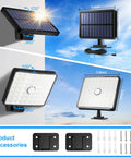 Outdoor Solar Flood Lights 1500LM Dusk To Dawn With 5M Detachable Cable Motion Sensor IPX5 LEDs with mounting accessories.