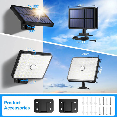 Outdoor Solar Flood Lights 1500LM Dusk To Dawn With 5M Detachable Cable Motion Sensor IPX5 LEDs with mounting accessories.
