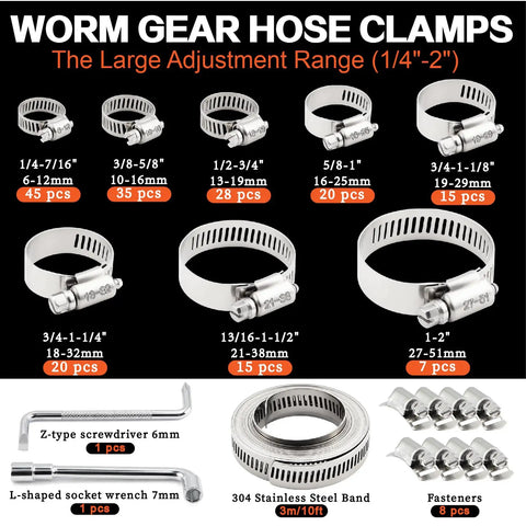 Pro Grade Heavy Duty Hose Clamps Kit With 185 Piece Set One Quarter Inch To Two Inch Ten Foot Strap Eight Fasteners