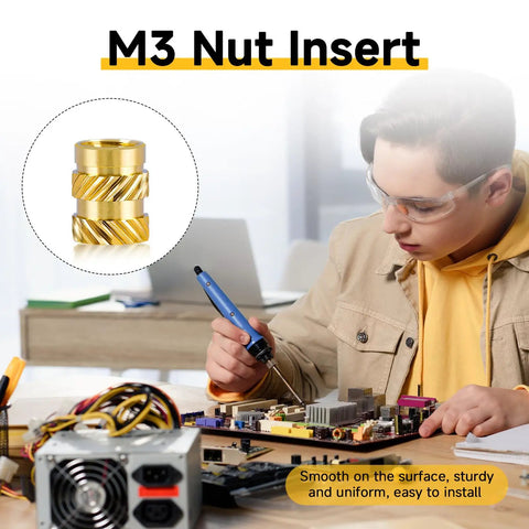 300 Pc M3 Heat Set Brass Inserts With Knurled Body, M3 X D4 X L5 Threaded Inserts For Plastic shown with electronics setup