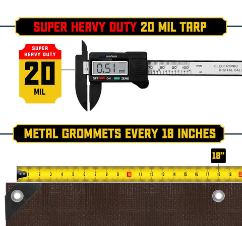 Extreme Heavy Duty 20 Mil Tarp Cover with caliper showing thickness, metal grommets every 18 inches, and measuring tape for size.