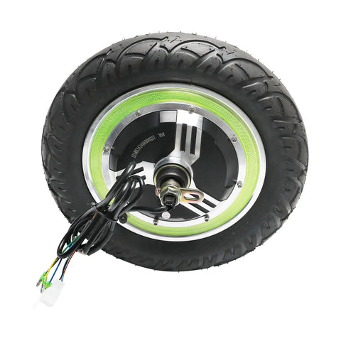 Killer 12 Inch 36V 500W Brushless Hub Motor Rear Wheel Conversion Kit With Pneumatic Tire And Disc Brake top view of tire and motor connections