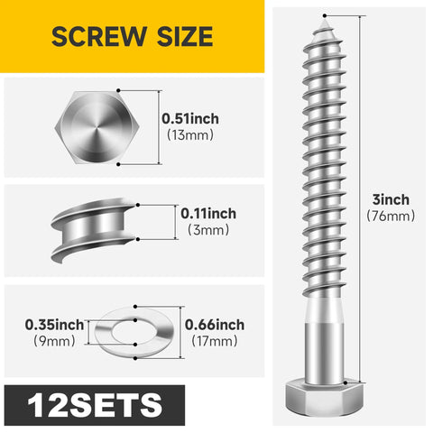 Beefy Heavy Duty Lag Bolts Kit With Washers For Wood Projects 304 Stainless Steel Five Sixteenths Inch Diameter Three Inch Length Partial Thread Bright Finish Twelve Sets Includes Twelve Bolts And Twelve Flat Washers By MYWISH screw specifications image.