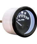 52mm oil pressure gauge with sensor; black dial, white housing, 0–100 PSI, 12V automotive instrument kit