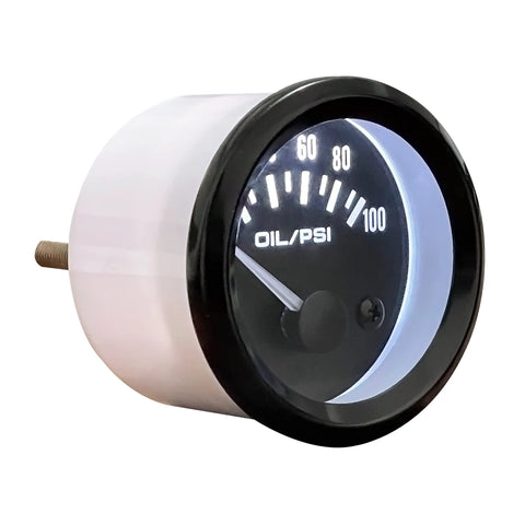 52mm oil pressure gauge with sensor; black dial, white housing, 0–100 PSI, 12V automotive instrument kit