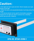 In Duct UV Germ Killer Light for HVAC Systems, 72W, 110V, warning label on blue background, dual UV lamps visible