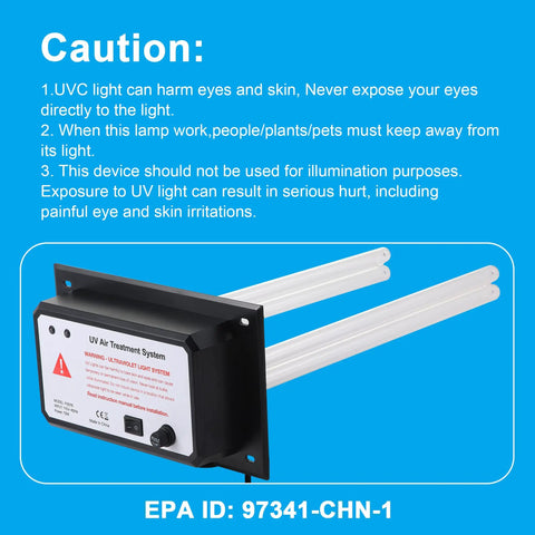 In Duct UV Germ Killer Light for HVAC Systems, 72W, 110V, warning label on blue background, dual UV lamps visible