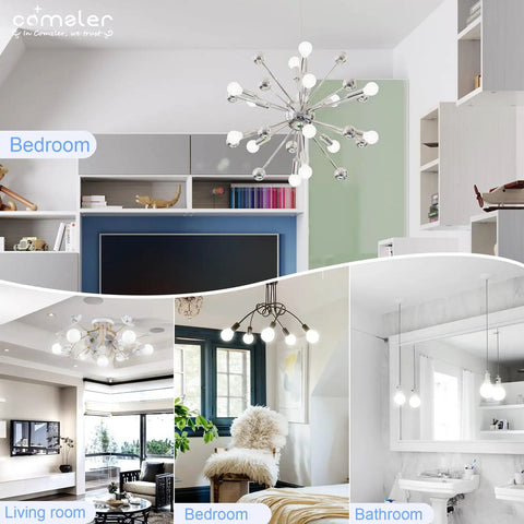 Interior lighting setups in bedroom, living room, and bathroom featuring 8 Pack G25 LED Globe Light Bulbs 5000K Daylight