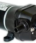 Marine Shower Drain Pump 3.3 GPM, 12 Volt Diaphragm Pump for Freshwater and Gray Water, side view, black finish.