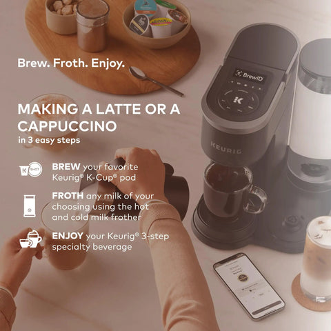 Hands using Smart WiFi Single Serve Coffee Maker For Home Baristas That Delivers Coffee Lattes And Cappuccinos With Built In Frother BrewID Pod Recognition And Six Brew Sizes Black with smartphone and ingredients.