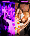 Party scene with 'light on' showing glowing effect using 60W LED Black Light Flood Light With Plug And 6ft Cord, Two Pack For Blacklight Parties.