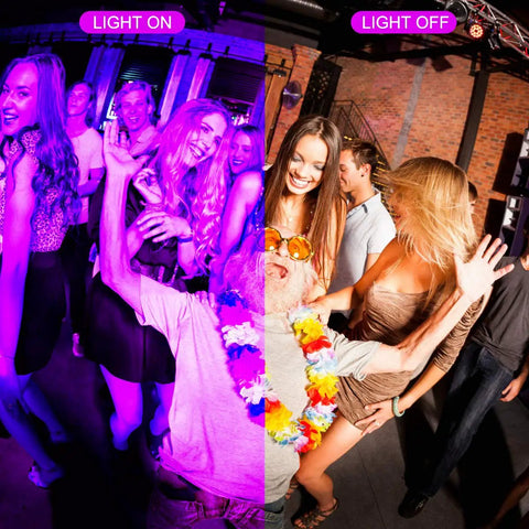 Party scene with 'light on' showing glowing effect using 60W LED Black Light Flood Light With Plug And 6ft Cord, Two Pack For Blacklight Parties.