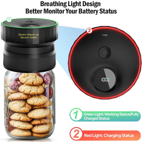 Upgraded One Integrated Mason Jar Vacuum Sealer Kit with cookies and LED light display for battery monitoring