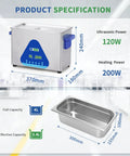 Pro Grade Ultrasonic Jewelry Cleaner 4L 120W With Heater Digital Control And Timer Includes Basket 40KHz Cleaner For Jewelry Glasses Chains Watches FullWave SemiWave Degas Modes, 4L tank specs