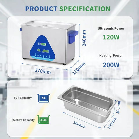 Pro Grade Ultrasonic Jewelry Cleaner 4L 120W With Heater Digital Control And Timer Includes Basket 40KHz Cleaner For Jewelry Glasses Chains Watches FullWave SemiWave Degas Modes, 4L tank specs