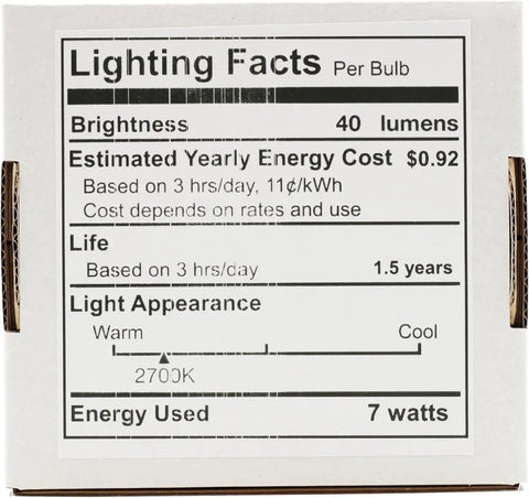 Lighting facts label for replacement light bulbs for electric candle lamps and chandeliers showing 7 watts and 40 lumens details.