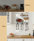Before and after view of kitchen counter with Two Tier Wall Mounted Floating Shelf in whitewashed solid wood and brass hooks for organization.
