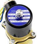 Close-up of brass solenoid valve with 3/4 inch inlet, 12V DC, corrosion-resistant brass housing, includes seals, side view