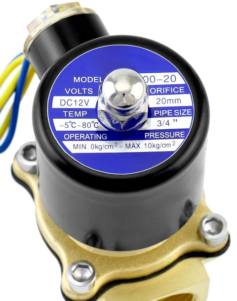 Close-up of brass solenoid valve with 3/4 inch inlet, 12V DC, corrosion-resistant brass housing, includes seals, side view
