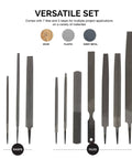 Pro Grade Metal File And Rasp Set 12 Piece With various sizes and types displayed, designed for woodworking and metalworking.